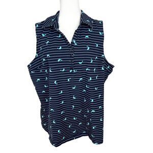 Susan Graver Tank Top Women 2X Plus Navy Striped Dolphin Print Sleeveless Polo